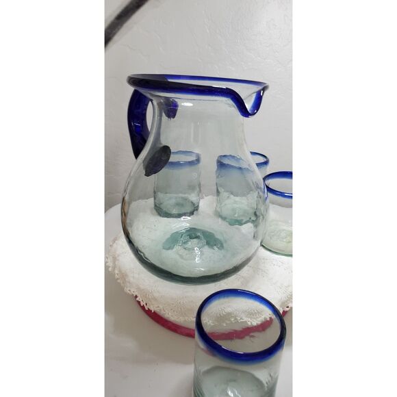 Hand Blown Mexican Glass Pitcher and 5 matching Glasses ~Merrari~ - Picture 3 of 14